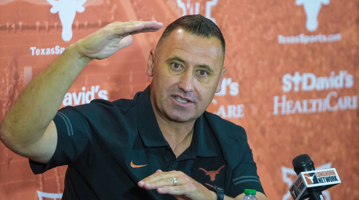 Texas football coach Steve Sarkisian speaks to the press.